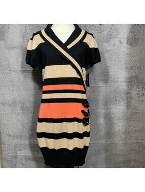 No Boundaries Sweater Dress Womens Large L Coral Black Striped Buckle NJ46T400A